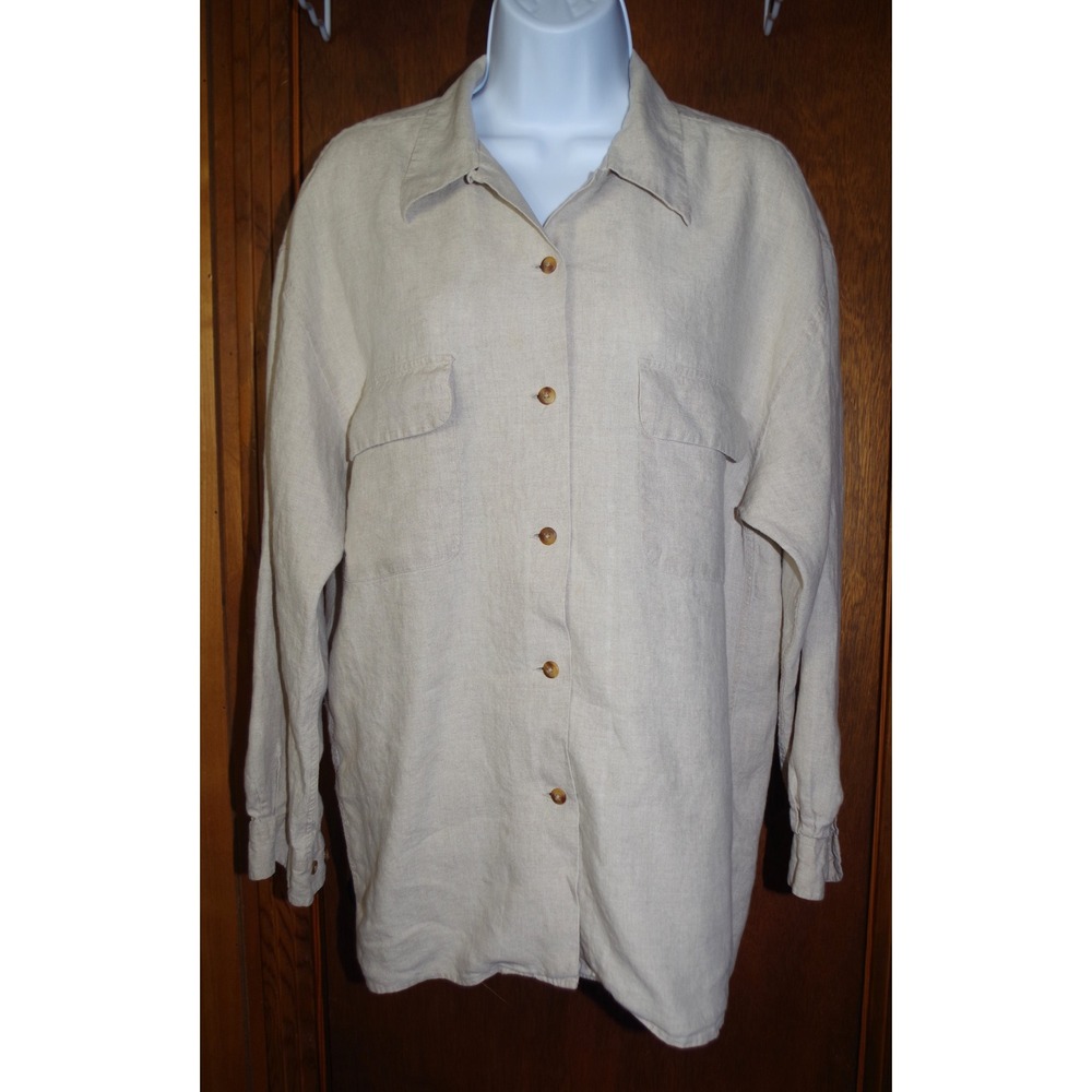 Ann Taylor 100% Linen Button Down Shirt Womens Medium‎ Beige Long Sleeve Pockets